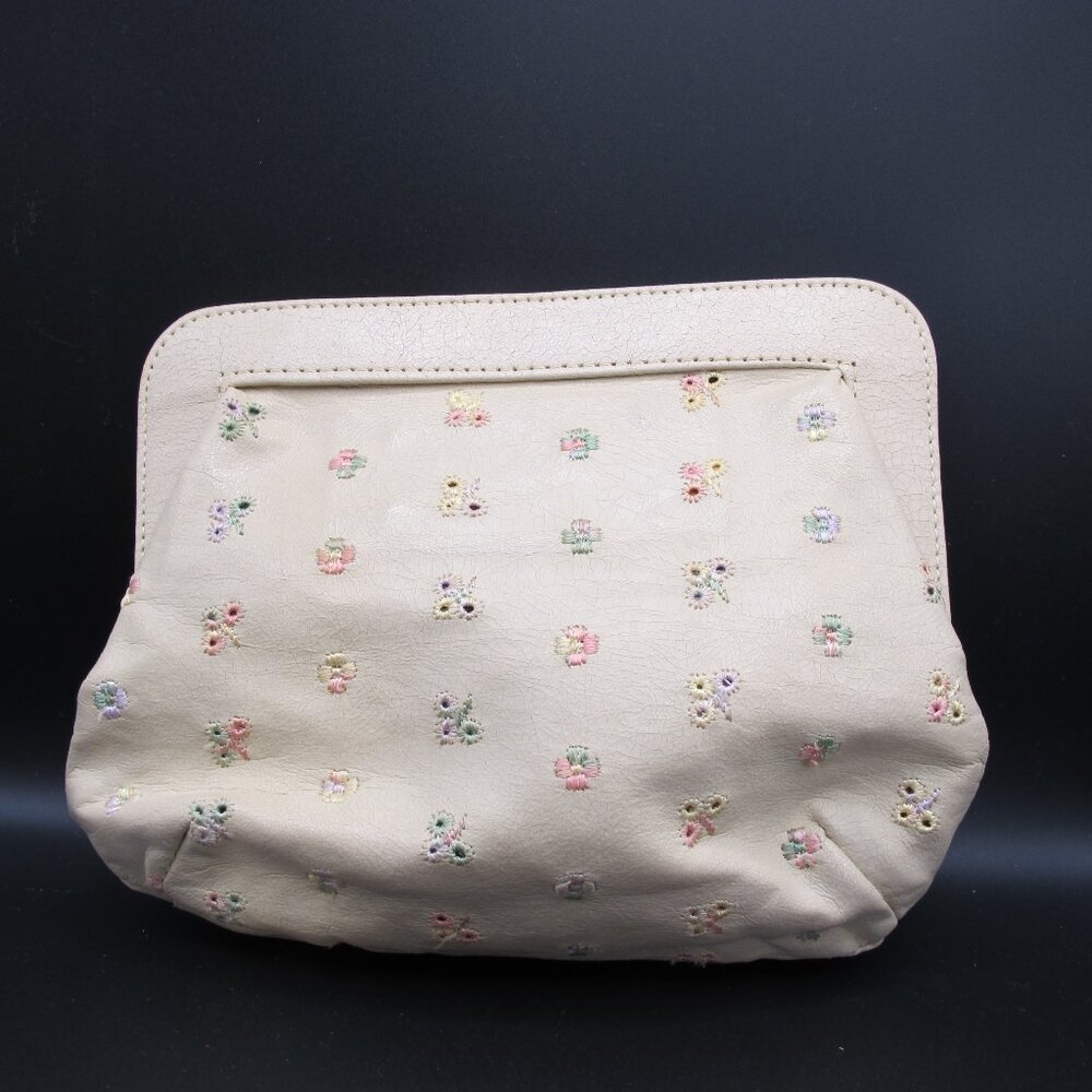 Vintage beige leather purse with embroidered flowers - Picture 3 of 12